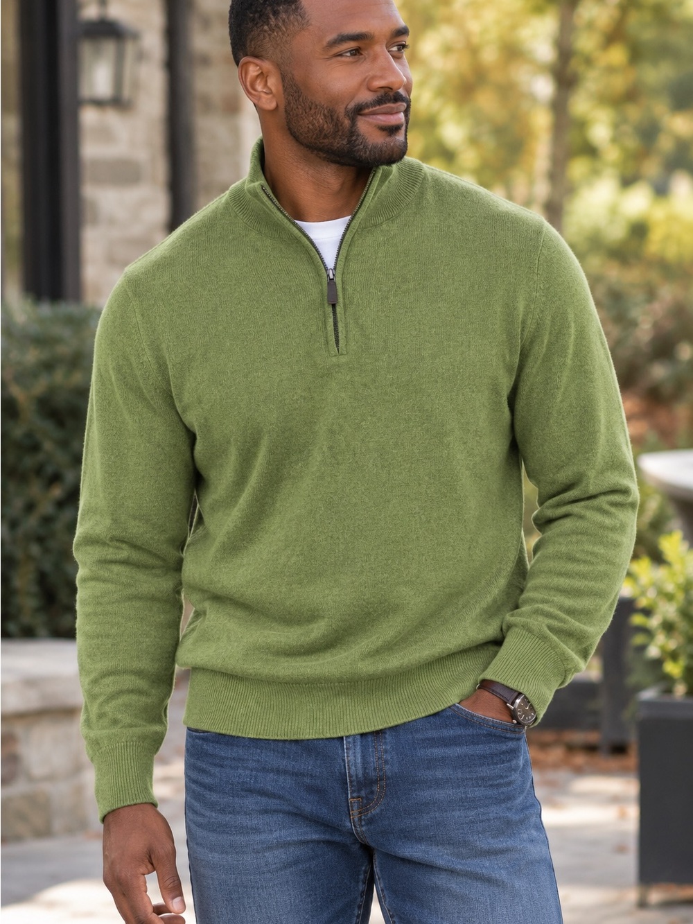 Daniel Hechter Men’s Olive Green Half-Zip Sweater